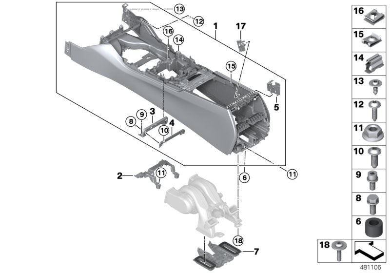Picture board Carrier, centre console for the BMW 7 Series models  Original BMW spare parts from the electronic parts catalog (ETK) for BMW motor vehicles (car)   Adapter plate, air duct, Bracket, centre console, C-clip sheet metal nut, Centre console, Cl