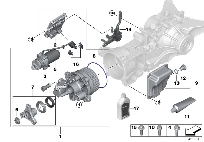 Picture board Rear axle differ.sep.comp.hang on clutch for the BMW 2 Series models  Original BMW spare parts from the electronic parts catalog (ETK) for BMW motor vehicles (car)   BMW HOC Oil, Bracket, control unit, Control unit, Flange nut, self-locking,