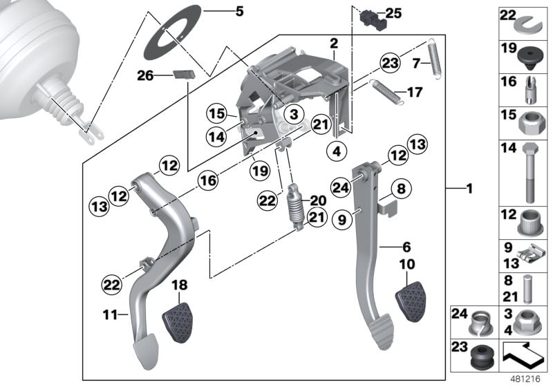 Illustration du Pédalerie avec ressort d`assistance pour les BMW 1 Série Modèles  Pièces de rechange d'origine BMW du catalogue de pièces électroniques (ETK) pour véhicules automobiles BMW (voiture)   Brake pedal, Brake pedal pin, Bush bearing, Circlip, C