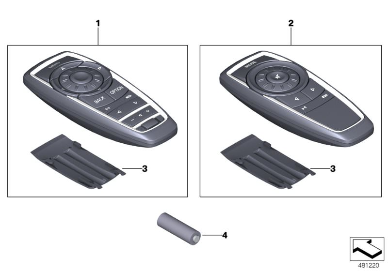 Picture board Remote control, rear for the BMW 5 Series models  Original BMW spare parts from the electronic parts catalog (ETK) for BMW motor vehicles (car)   Battery, Battery cover, Rear remote control, audio, Remote control, rear