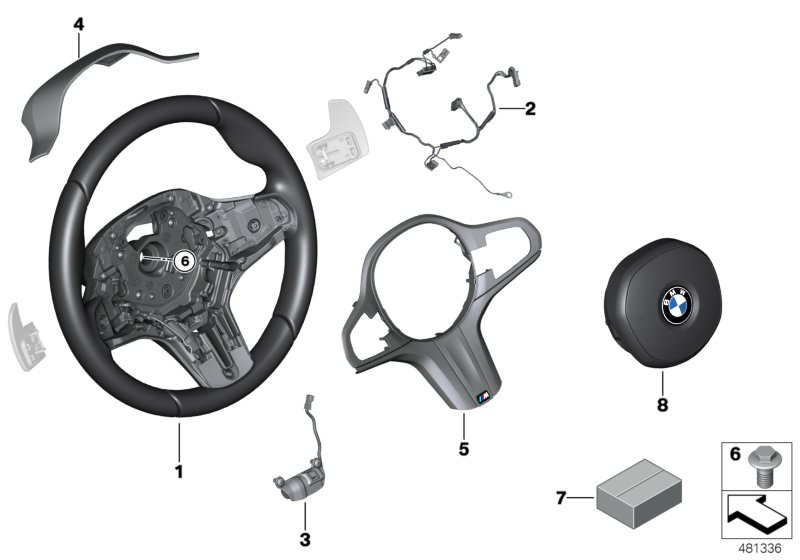 Picture board M sport st.wheel,airbag,multif./paddles for the BMW 7 Series models  Original BMW spare parts from the electronic parts catalog (ETK) for BMW motor vehicles (car)   Airbag module, driver´s side, connecting line, steering wheel, Cover, steeri