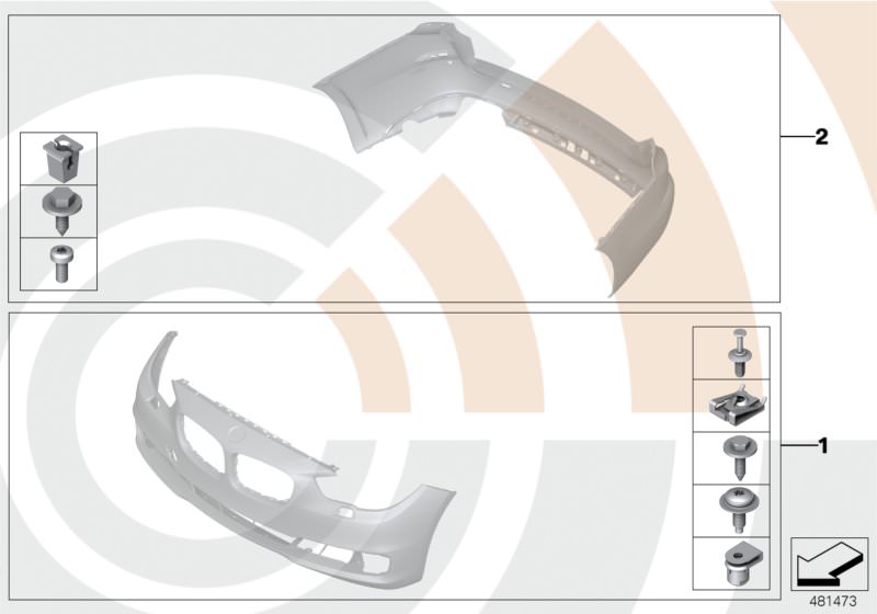 Picture board Mounting kit, bumper for the BMW 5 Series models  Original BMW spare parts from the electronic parts catalog (ETK) for BMW motor vehicles (car)   Set, mounting parts, bumper, front, Set, mounting parts, bumper, rear