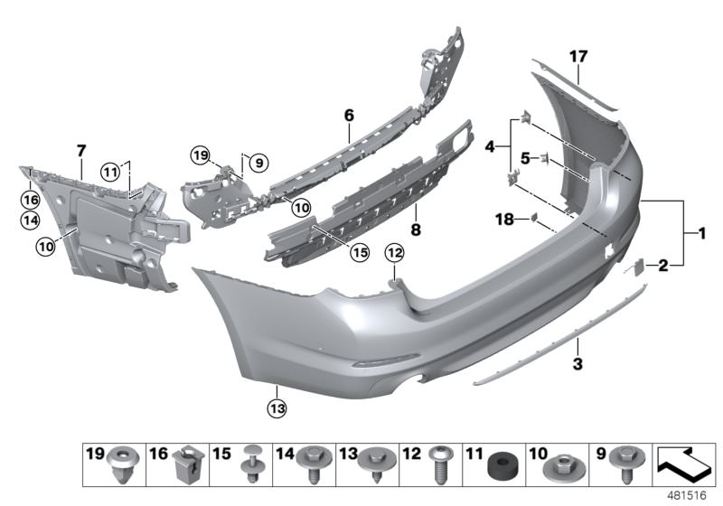 Picture board Trim panel, rear for the BMW 5 Series models  Original BMW spare parts from the electronic parts catalog (ETK) for BMW motor vehicles (car)   Clip, Combination nut, Expanding nut, Expanding rivet, Fillister head screw, Flap, towing eye, prim