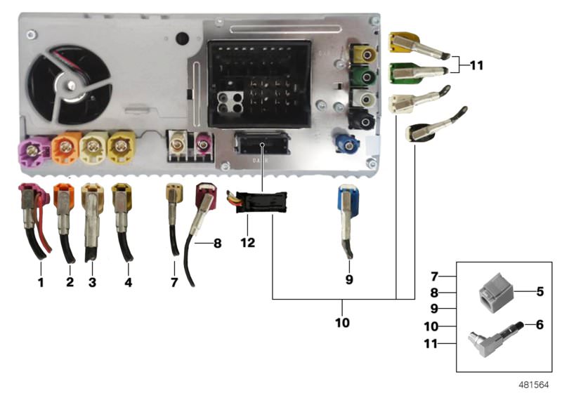 Picture board Rep.- wiring harn.assort.Head Unit High for the BMW X Series models  Original BMW spare parts from the electronic parts catalog (ETK) for BMW motor vehicles (car)   Connecting line Headunit High - CID, HF socket contact, angled, HF socket ho