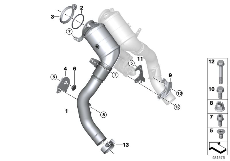 Picture board Engine-compartment catalytic converter for the BMW 5 Series models  Original BMW spare parts from the electronic parts catalog (ETK) for BMW motor vehicles (car)   Countersunk screw, Exch catalytic converter close to engine, Gasket exh.turbo