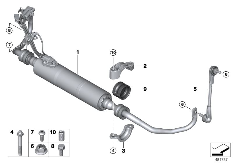 Picture board Front stabilizer bar/Dynamic Drive for the BMW 7 Series models  Original BMW spare parts from the electronic parts catalog (ETK) for BMW motor vehicles (car)   Active stabilizer front, Heli-Coil threaded insert, Hex Bolt with washer, Hex nut