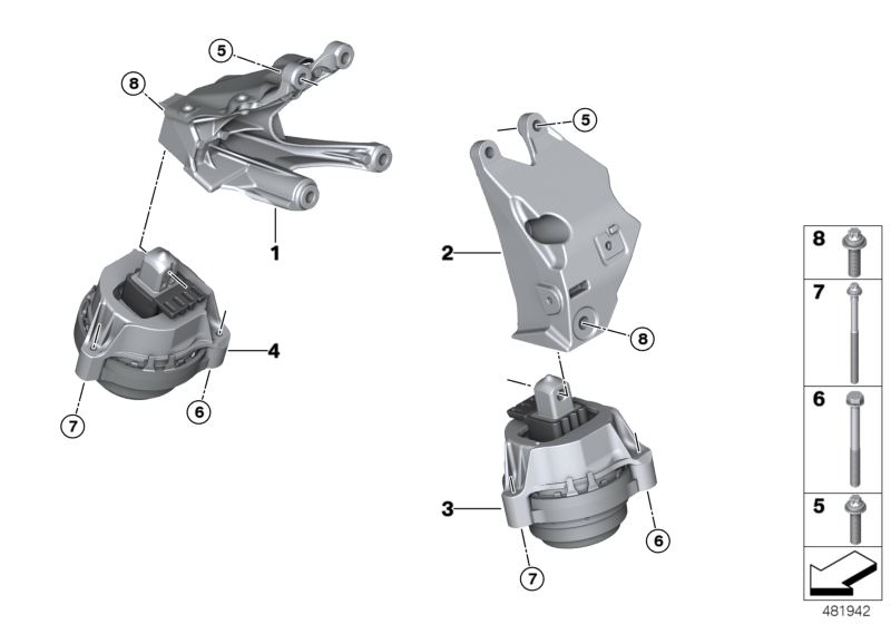 Picture board Engine Suspension for the BMW 5 Series models  Original BMW spare parts from the electronic parts catalog (ETK) for BMW motor vehicles (car)   Engine mount, left, Engine mount, right, Engine supporting bracket, left, Engine supporting bracke