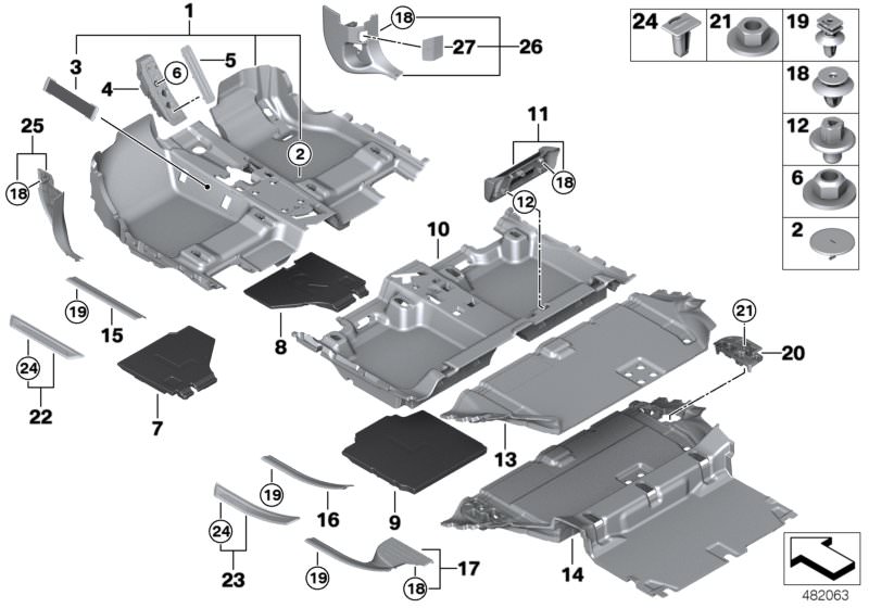 Picture board Floor covering for the BMW 2 Series models  Original BMW spare parts from the electronic parts catalog (ETK) for BMW motor vehicles (car)   Clip beige, Clip, grey, Clip, yellow, Cover strip, entrance rear right, Cover strip, entrance, front,