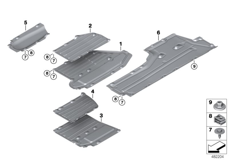 Picture board Underfloor coating for the BMW 7 Series models  Original BMW spare parts from the electronic parts catalog (ETK) for BMW motor vehicles (car)   Bracket, underbody panelling,middle left, C-clip plastic nut, Hex Bolt, Plastic cap nut with wash