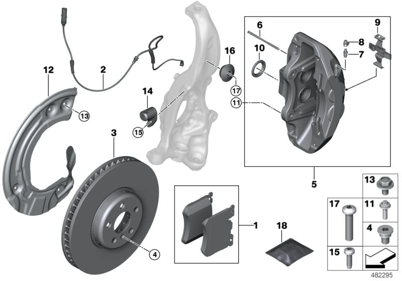 Bildtafel Vorderradbremse für die BMW 7er Modelle  Original BMW Ersatzteile aus dem elektronischen Teilekatalog (ETK) für BMW Kraftfahrzeuge( Auto)    Bremsbelagfühler vorn, Bremsklotzpaste, Bremssattelgehäuse silber rechts, Bremsscheibe Leichtbau belüfte