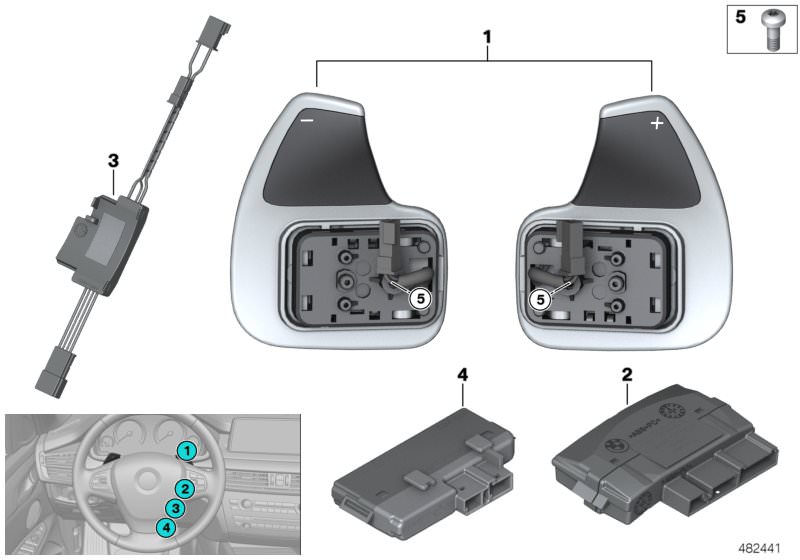 Illustration du Électr. volant / palettes sél. rapports pour les BMW X Série Modèles  Pièces de rechange d'origine BMW du catalogue de pièces électroniques (ETK) pour véhicules automobiles BMW (voiture)   Control unit, steering wheel electronics, Control 