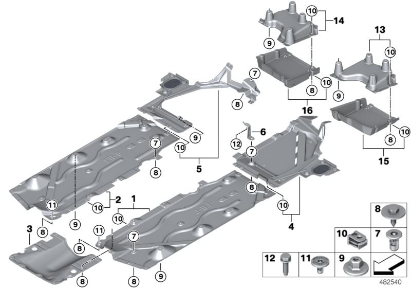 Picture board Underfloor coating for the BMW X Series models  Original BMW spare parts from the electronic parts catalog (ETK) for BMW motor vehicles (car)   C-clip plastic nut, Carrier, diffuser, left, Carrier, diffuser, right, Cover, diffuser, left, Cov