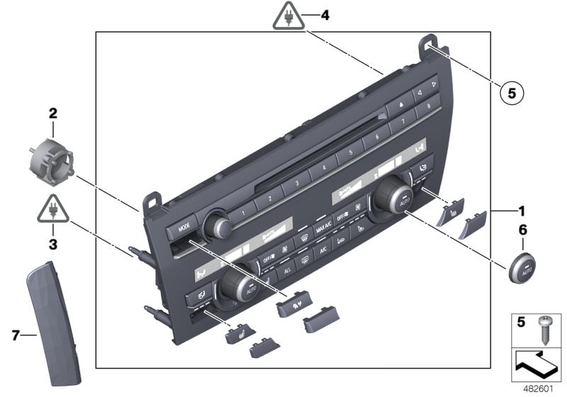 Picture board Radio and A/C control panel for the BMW 5 Series models  Original BMW spare parts from the electronic parts catalog (ETK) for BMW motor vehicles (car)   INTERIOR TEMPERATURE SENSOR FAN, Oval-head screw with washer, Repair kit, radio and A/C 