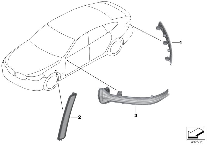 Picture board Rear reflector/side repeater for the BMW 6 Series models  Original BMW spare parts from the electronic parts catalog (ETK) for BMW motor vehicles (car)   Reflector left, Turn indicator exterior mirror left