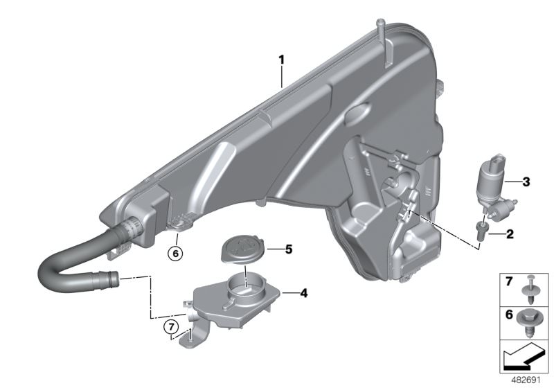 Picture board Reservoir,windscr./headlight washer sys. for the BMW X Series models  Original BMW spare parts from the electronic parts catalog (ETK) for BMW motor vehicles (car)   Cover f filler pipe, Expanding rivet, Filling bowl, Hose line, windscreen w