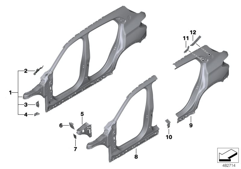 Picture board Side frame for the BMW X Series models  Original BMW spare parts from the electronic parts catalog (ETK) for BMW motor vehicles (car)   Bracket, side panel column A, Bracket, side panel, bottom, Bracket, side panel, top left, Bulkhead, carri