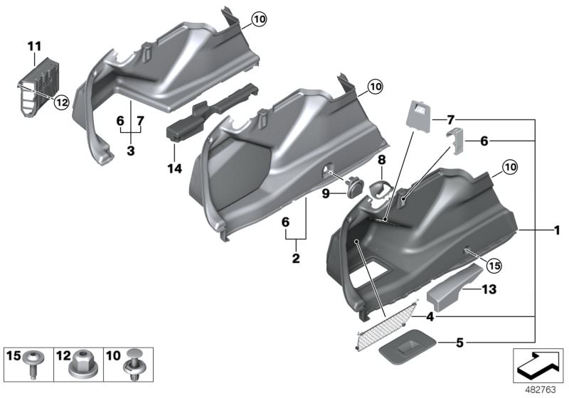 Illustration du TRUNK TRIM, LEFT pour les BMW 5 Série Modèles  Pièces de rechange d'origine BMW du catalogue de pièces électroniques (ETK) pour véhicules automobiles BMW (voiture)   Cover, storage comp., luggage comp.,left, Covering left, Expanding rivet,