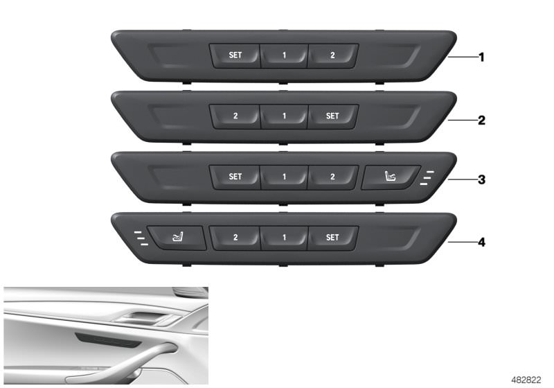 Picture board Seat functions driver´s side for the BMW 5 Series models  Original BMW spare parts from the electronic parts catalog (ETK) for BMW motor vehicles (car)   Operating unit seat functions left, Operating unit seat functions right