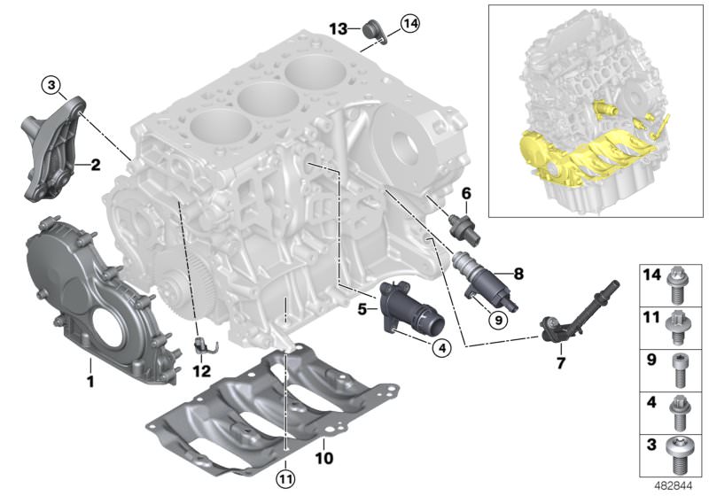 Picture board Engine block mounting parts for the BMW 1 Series models  Original BMW spare parts from the electronic parts catalog (ETK) for BMW motor vehicles (car)   Adapter plate, ASA-Bolt, Connector, Countersunk screw, Cover, Fillister head screw, Hexa