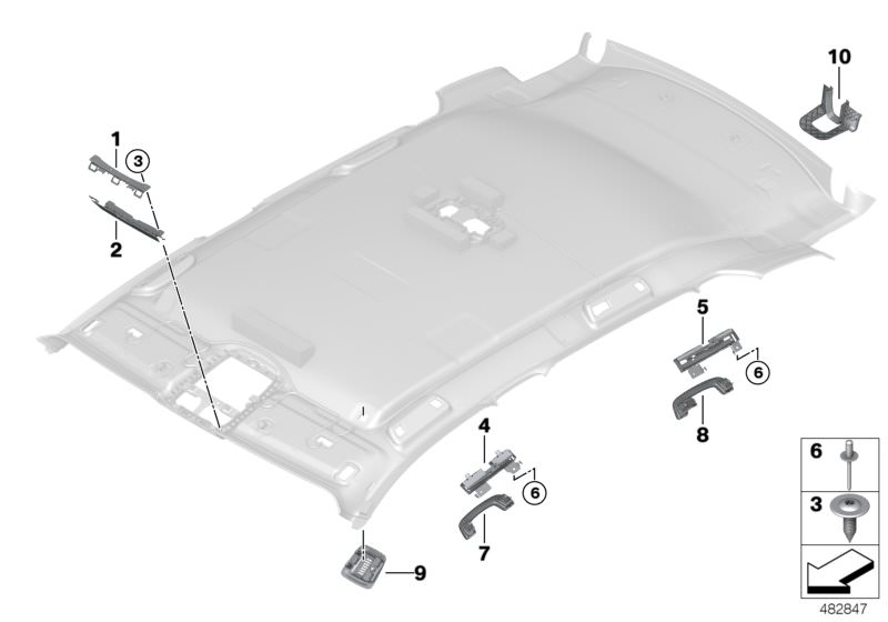 Picture board Mounting parts, roofliner for the BMW X Series models  Original BMW spare parts from the electronic parts catalog (ETK) for BMW motor vehicles (car)   Adapter, Blind rivet, Bracket front right, Bracket rear right, Cover camera, Cover, microp