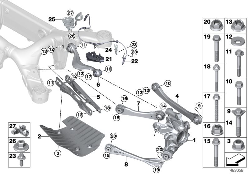 Picture board Rear axle support/wheel suspension for the BMW 5 Series models  Original BMW spare parts from the electronic parts catalog (ETK) for BMW motor vehicles (car)   ASA screw, thread-forming, Bracket, right, Camber link, Clip, Combination nut, Co