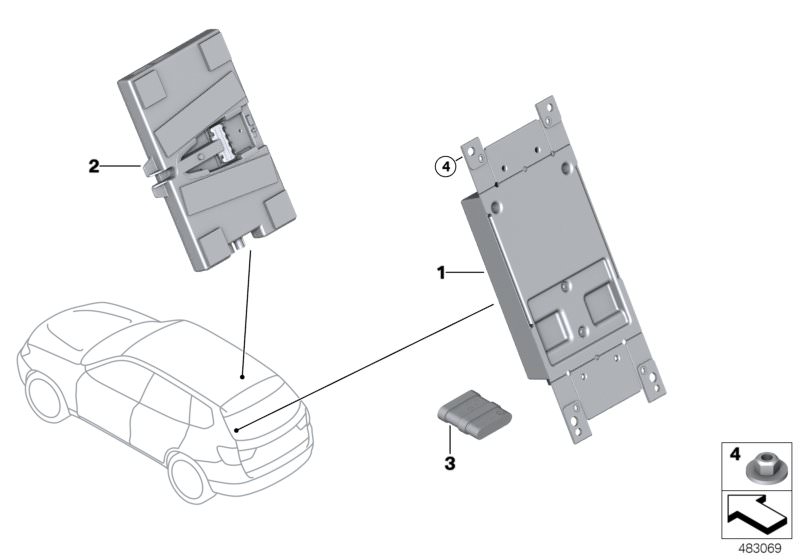 Picture board Telematics control unit for the BMW X Series models  Original BMW spare parts from the electronic parts catalog (ETK) for BMW motor vehicles (car)   Battery, Hex nut, Telematics control unit