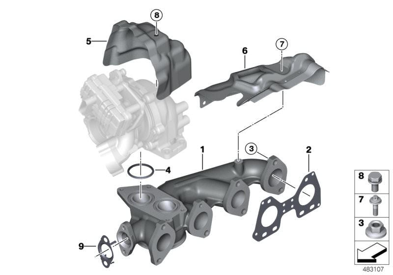 Illustration du Collecteur d`échappement pour les BMW 2 Série Modèles  Pièces de rechange d'origine BMW du catalogue de pièces électroniques (ETK) pour véhicules automobiles BMW (voiture)   ASA screw with washer, Exhaust manifold, Flange nut, Gasket Steel