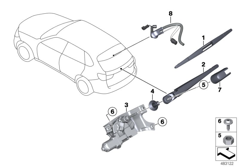 Illustration du SINGLE PARTS FOR REAR WINDOW WIPER pour les BMW X Série Modèles  Pièces de rechange d'origine BMW du catalogue de pièces électroniques (ETK) pour véhicules automobiles BMW (voiture)   GROMMET F REAR WINDOW WIPER MOTOR, Hex nut, Oval-head s