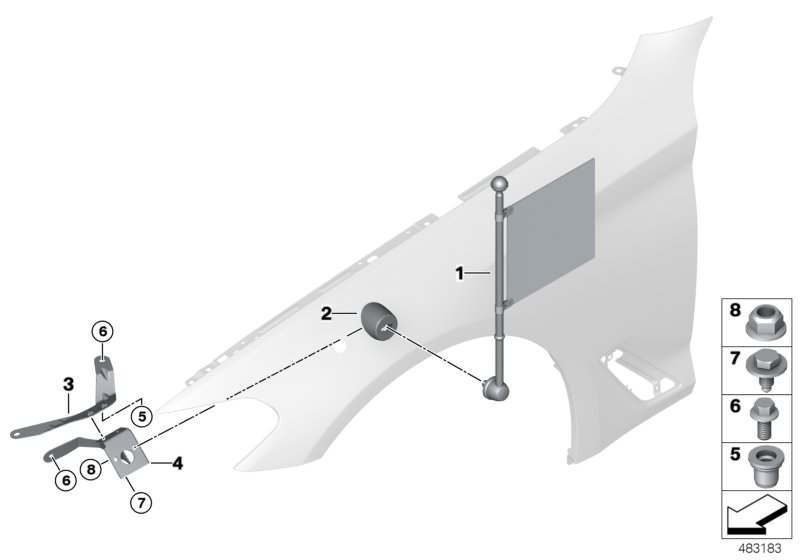 Picture board Flag holder for the BMW 5 Series models  Original BMW spare parts from the electronic parts catalog (ETK) for BMW motor vehicles (car)   Base plate right, Blind plug, Blind rivet nut, flat headed, Bracket lower right, Bracket Upper Right, Fl