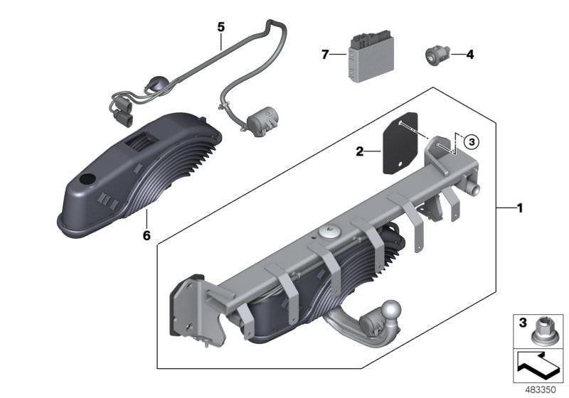 Picture board Trailer tow hitch, electrically pivoted for the BMW X Series models  Original BMW spare parts from the electronic parts catalog (ETK) for BMW motor vehicles (car)   Control unit, trailer tow hitch, Gaiter with frame, Gasket, Hex nut, Repair 