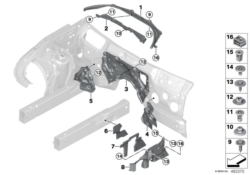 Picture board Mounting parts, engine compartment for the BMW 7 Series models  Original BMW spare parts from the electronic parts catalog (ETK) for BMW motor vehicles (car)   Absorber, cover, steering gear, Body nut, Bulkhead, lower section, Bulkhead, lowe