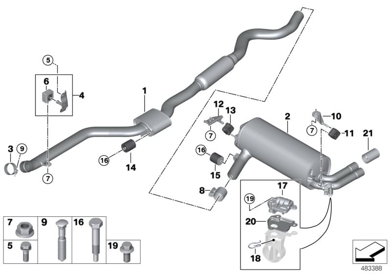 Picture board Exhaust system, rear for the BMW 1 Series models  Original BMW spare parts from the electronic parts catalog (ETK) for BMW motor vehicles (car)   Actuator drive, exhaust flap, Bracket exhaust, rear, Bracket, rear silencer right, CLAMPING BUS