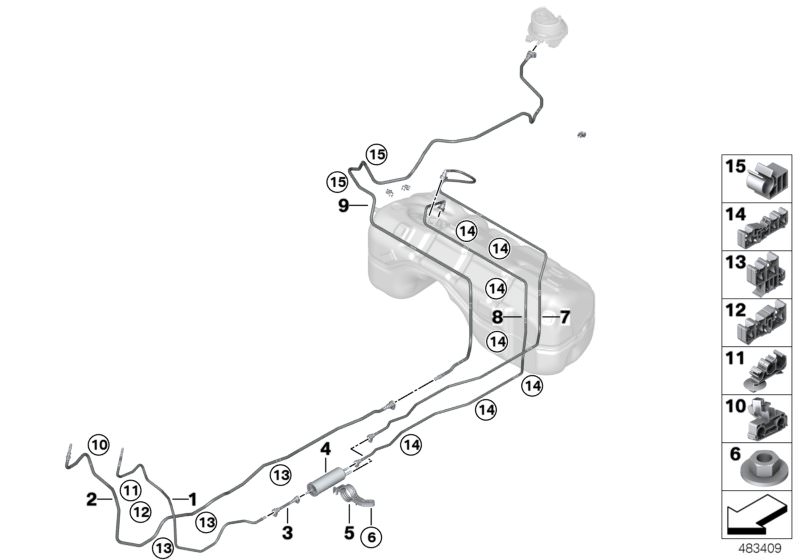 Bildtafel Kraftstoffleitungen für die BMW X Modelle  Original BMW Ersatzteile aus dem elektronischen Teilekatalog (ETK) für BMW Kraftfahrzeuge( Auto)    Clip, Halter Kraftstofffilter, Kraftstofffilter, Kraftstoffrücklaufleitung, Kraftstoffvorlaufleitung F