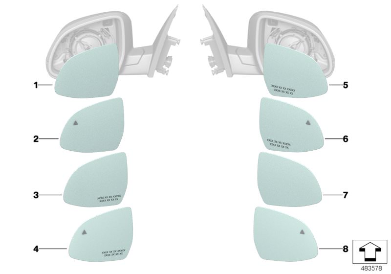 Picture board MIRROR GLASS for the BMW X Series models  Original BMW spare parts from the electronic parts catalog (ETK) for BMW motor vehicles (car)   Mirror glass, heated, wide-angle, left, Mirror glass, heated, wide-angle, right
