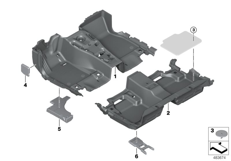 Picture board Floor covering for the BMW 6 Series models  Original BMW spare parts from the electronic parts catalog (ETK) for BMW motor vehicles (car)   Floor covering, rear, Floor trim, front, Foam insert footwell front right, Foam insert, left, Hook&lo