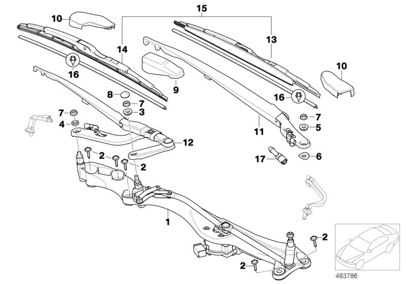 Picture board SINGLE WIPER PARTS for the BMW 7 Series models  Original BMW spare parts from the electronic parts catalog (ETK) for BMW motor vehicles (car)   Adjusting plate, Adjustment element, Covering cap, Fillister head screw, Hex nut, Installation el