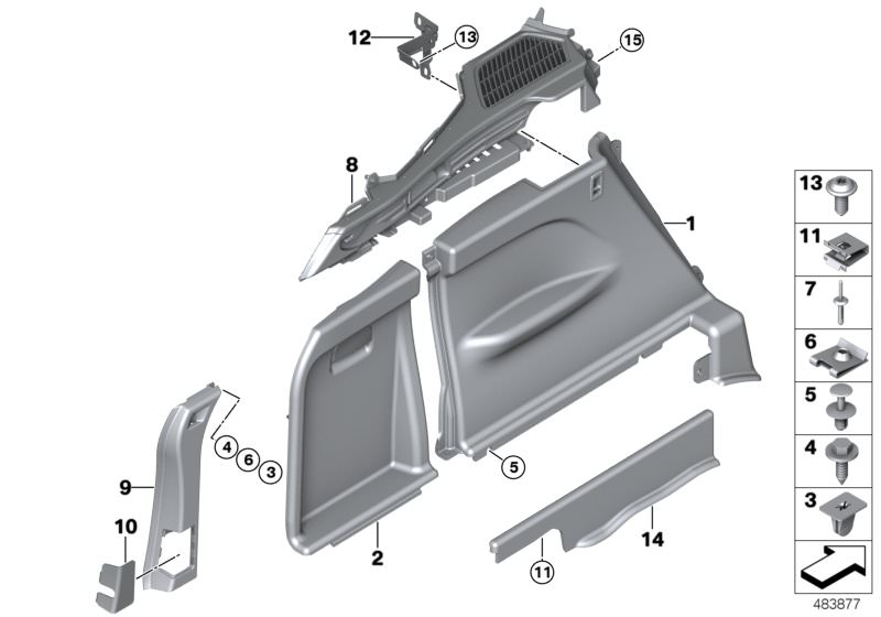 Picture board TRUNK TRIM, LEFT for the BMW X Series models  Original BMW spare parts from the electronic parts catalog (ETK) for BMW motor vehicles (car)   Blind rivet, Body nut, Bracket Upper Right, Clip, Clip green, Cover, D-column bottom left, Covering