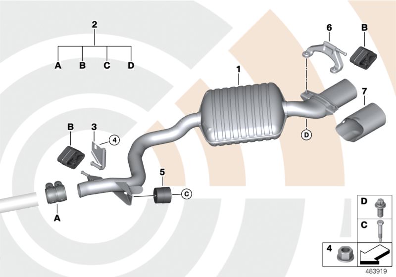 Picture board Rear silencer and installation kit for the BMW 3 Series models  Original BMW spare parts from the electronic parts catalog (ETK) for BMW motor vehicles (car)   Hex nut, Holder, Installation kit for rear silencer, Rear silencer, Tailpipe trim