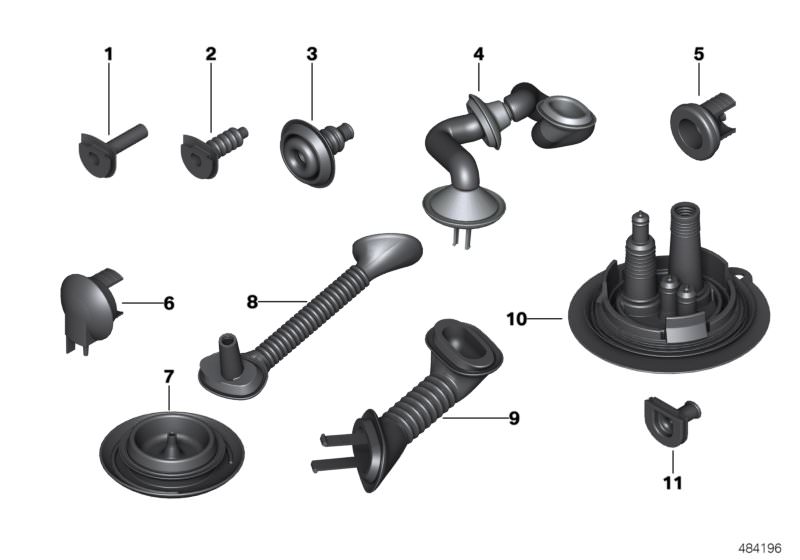 Picture board Various cable grommets for the BMW 3 Series models  Original BMW spare parts from the electronic parts catalog (ETK) for BMW motor vehicles (car)   Cable grommet, Grommet, Grommet, trunk lid, Grommet, trunk lid, right, Rubber grommet, RUBBER
