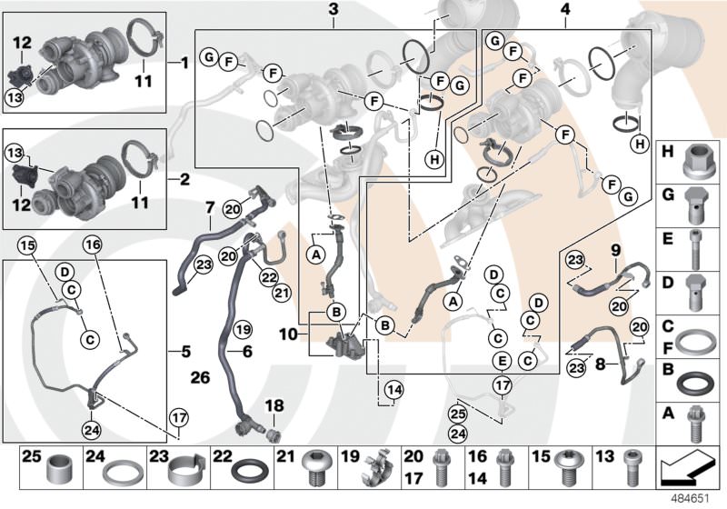 Bildtafel Turbolader und Anbausatz Value Line für die BMW 5er Modelle  Original BMW Ersatzteile aus dem elektronischen Teilekatalog (ETK) für BMW Kraftfahrzeuge( Auto)    Anbausatz Turbolader, ASA-Schraube, Clip, Dichtring, Distanzbuchse, Elektro-Ventil, 