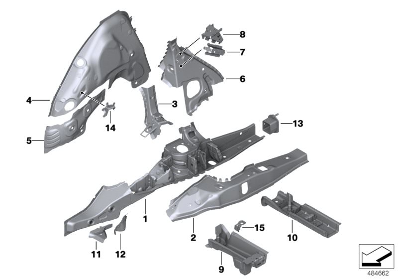 Picture board REAR WHEELHOUSE/FLOOR PARTS for the BMW X Series models  Original BMW spare parts from the electronic parts catalog (ETK) for BMW motor vehicles (car)   Bracket, tank fastening centre, C-pillar reinforcement, right, Closing plate, longitudin