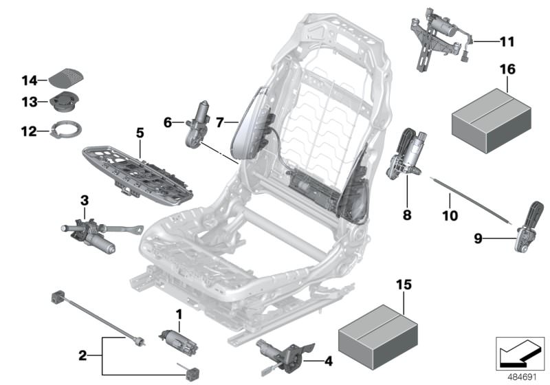 Picture board Seat, front, electrical system & drives for the BMW 5 Series models  Original BMW spare parts from the electronic parts catalog (ETK) for BMW motor vehicles (car)   Actuator f upper backrest adjustment, Attachment set, seat frame, Clim.-cont