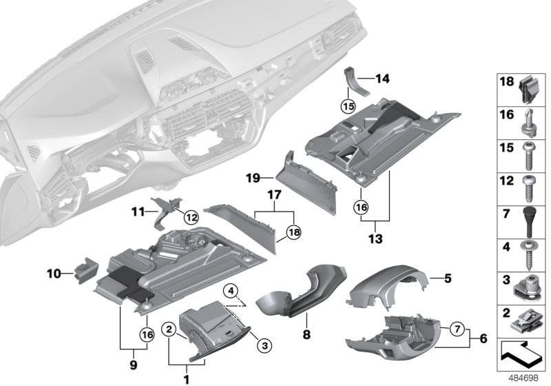 Picture board Mounting parts, instrument panel, bottom for the BMW 6 Series models  Original BMW spare parts from the electronic parts catalog (ETK) for BMW motor vehicles (car)   Adapter footwell trim driver, Bracket, passenger´s footwell trim panel, C-c