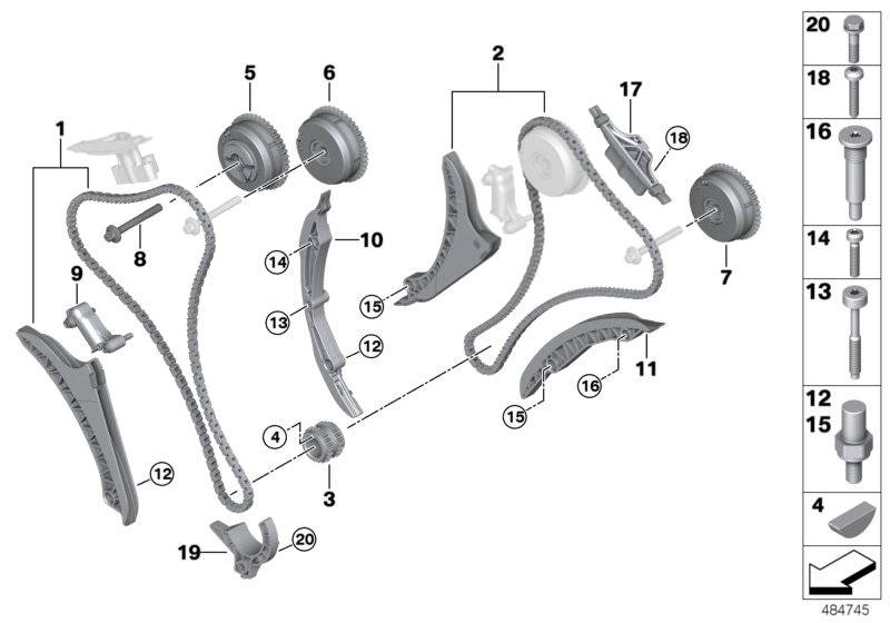 Picture board Timing and valve train-timing chain for the BMW 7 Series models  Original BMW spare parts from the electronic parts catalog (ETK) for BMW motor vehicles (car)   Adjustment unit, inlet camshaft, Adjustment unit, outlet camshaft, Bearing screw