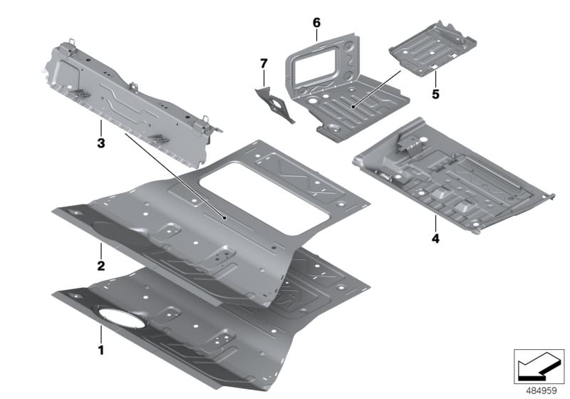 Picture board Mounting parts for trunk floor panel for the BMW X Series models  Original BMW spare parts from the electronic parts catalog (ETK) for BMW motor vehicles (car)   Connection pcs,wheel house/entrance,rght, Cross member floor panel front, Front