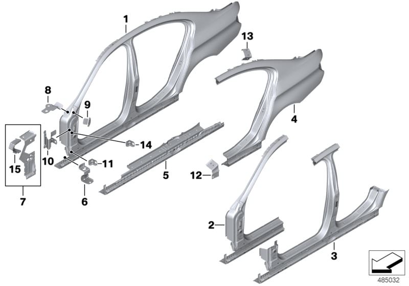 Illustration du BODY-SIDE FRAME pour les BMW 5 Série Modèles  Pièces de rechange d'origine BMW du catalogue de pièces électroniques (ETK) pour véhicules automobiles BMW (voiture)   BODY-SIDE FRAME LEFT, Bracket, side panel column A, Bracket, side panel, e