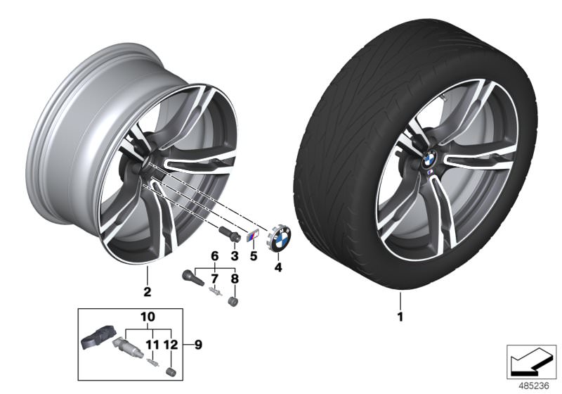 Illustration du BMW LA wheel M double spoke 705M - 19´´ pour les BMW 5 Série Modèles  Pièces de rechange d'origine BMW du catalogue de pièces électroniques (ETK) pour véhicules automobiles BMW (voiture)   Disc wheel, light alloy, Orbitgrey, Hub cap with c