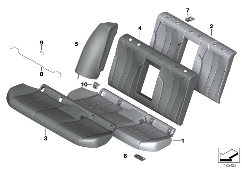 Picture board Seat, rear, cushion, & cover, basic seat for the BMW 5 Series models  Original BMW spare parts from the electronic parts catalog (ETK) for BMW motor vehicles (car)   Carrier plate, Clamp, Cover backrest, imitation leather, Cover Isofix, Foam