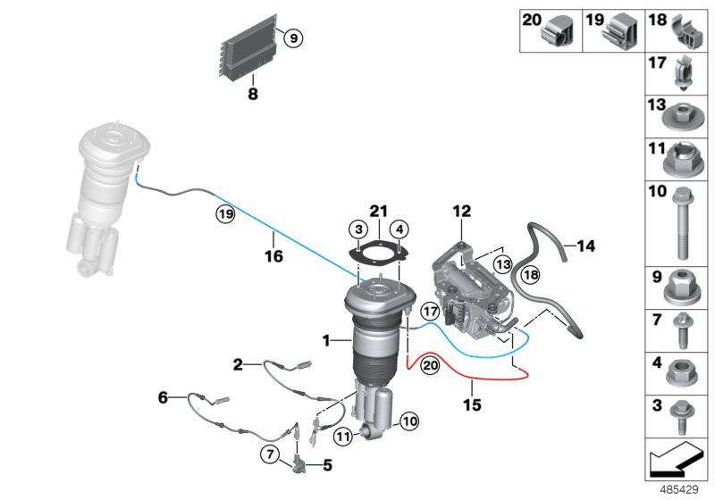 Picture board Air spring strut, rear/control units for the BMW 5 Series models  Original BMW spare parts from the electronic parts catalog (ETK) for BMW motor vehicles (car)   Accelerating sensor, Adapter cable VDC rear right, Air pipe, rear left, Air pip
