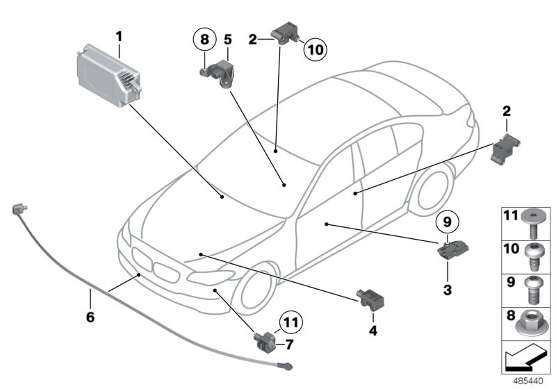 Illustration du Pièces électriques d`airbag pour les BMW 5 Série Modèles  Pièces de rechange d'origine BMW du catalogue de pièces électroniques (ETK) pour véhicules automobiles BMW (voiture)   Central sensor, Control unit airbag, Countersunk screw, Fillis